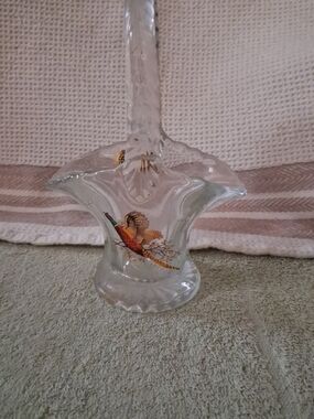 Westmoreland Clear Glass Basket with Applied Handle Pheasant Motif